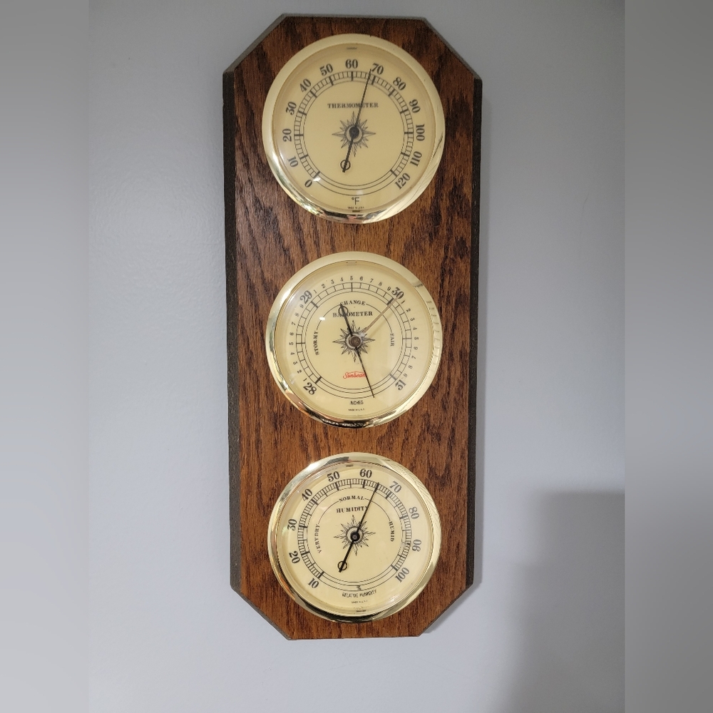 Vintage Sunbeam Wooden Weather Station with Gold Accents